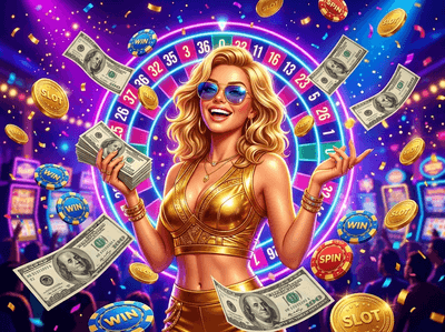 Luxury online casino gaming interface with gold coins and neon lights